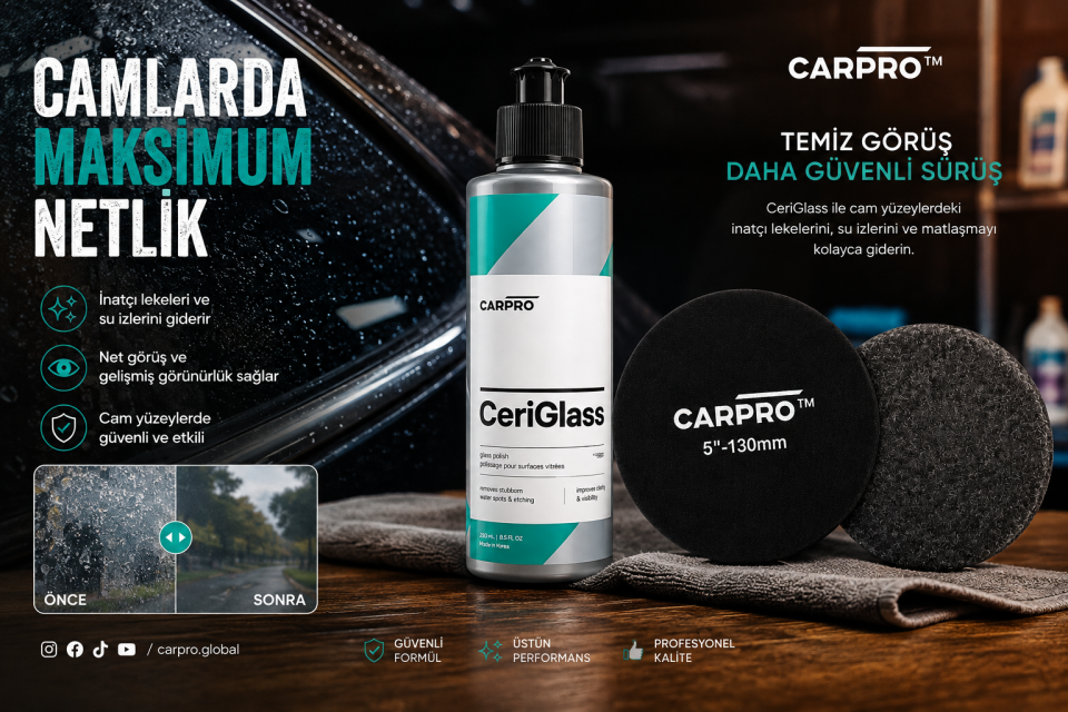 Detail Market Carpro Ceriglass Cam Pastası 150 ml ve Carpro Cam Keçesi 130 mm Set