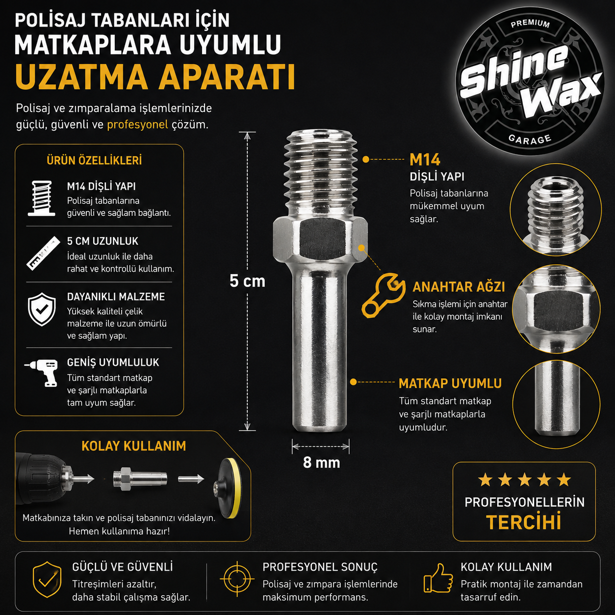 Shine Wax Polisaj İçin Matkap Uyumlu Uzatma Aparatı