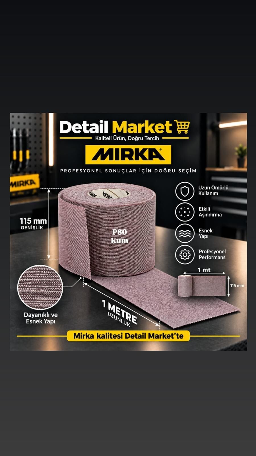 Detail Market Mirka Abranet 115 mm x 1 mt Rulo Zımpara P80 Kum 1 METRE