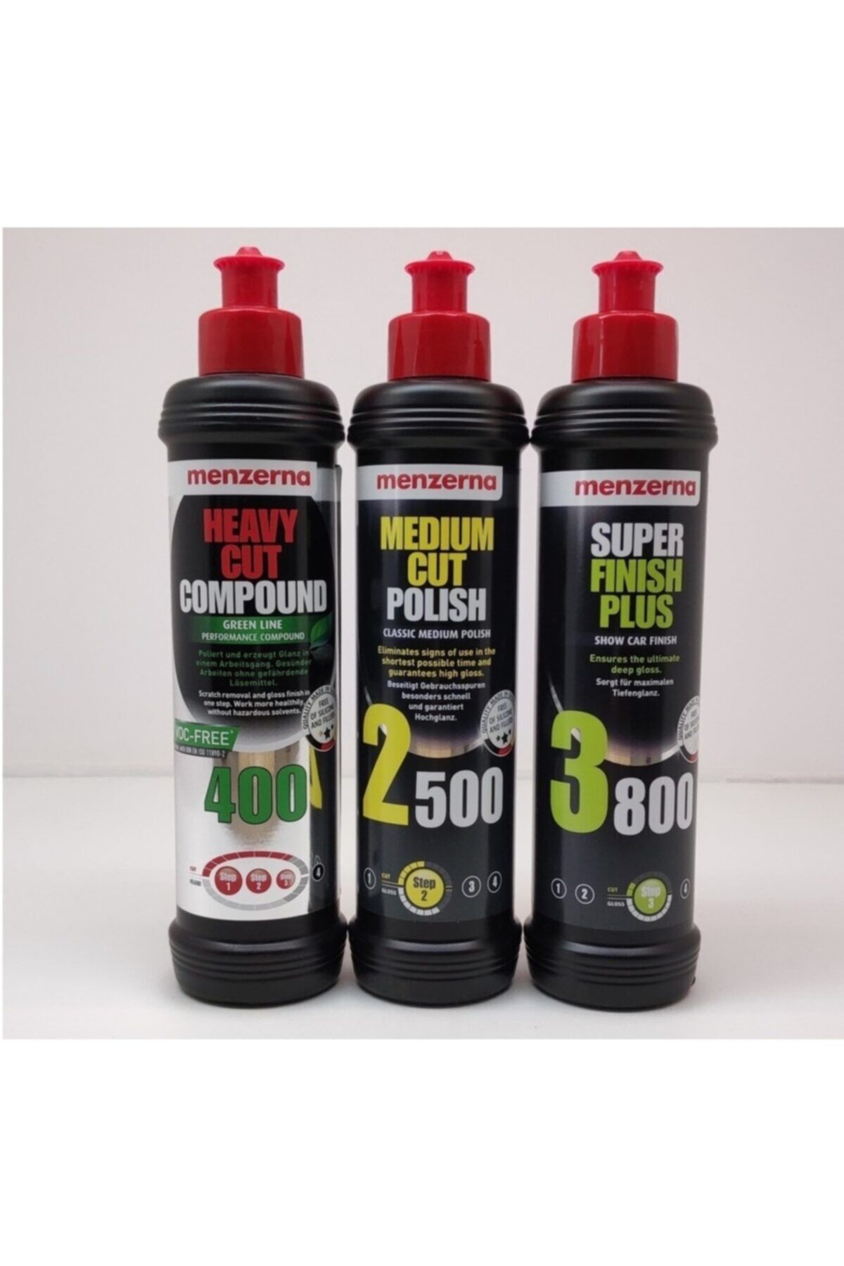 Menzerna Yeşil 400 Kalın Pasta 2500 İnce Pasta 3800 Hare Giderici Set 250 ml