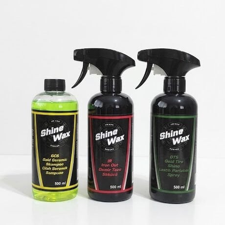 Shine Wax Seramik Şampuan & Demir Tozu Temizleyici & Lastik Parlatıcı Sprey 500 ml 3'lü Set