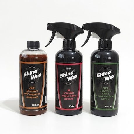 Shine Wax PPF Şampuan & Demir Tozu Temizleyici & Lastik Parlatıcı Sprey 500 ml 3'lü Set