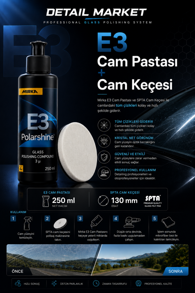 Mirka E3 Cam Çizik Giderici Pasta 250 ml ve Spta Cam Keçesi 130 mm Set
