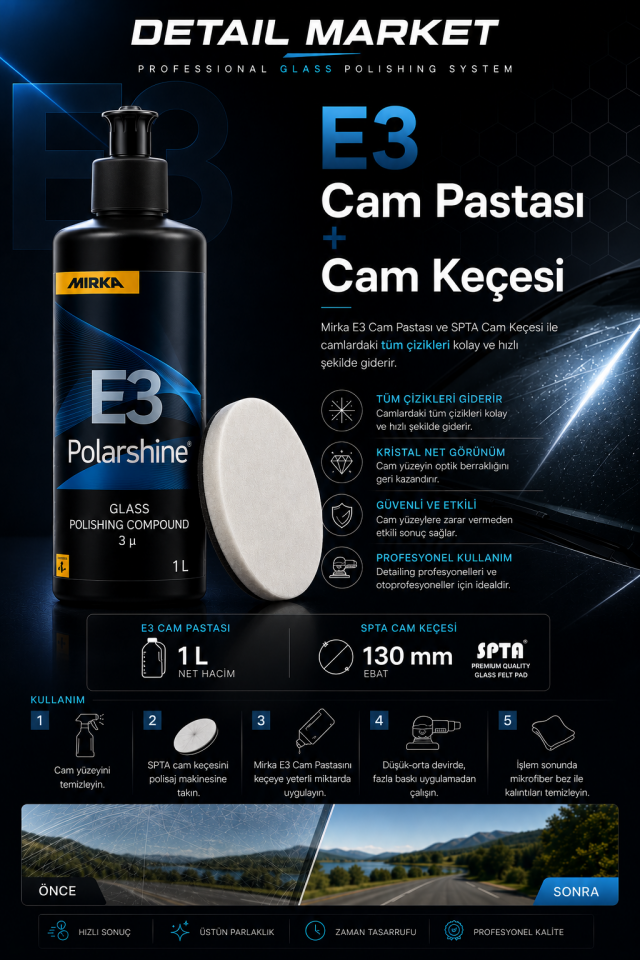 Mirka E3 Cam Çizik Giderici Pasta 1 lt ve Spta Cam Keçesi 130 mm Set